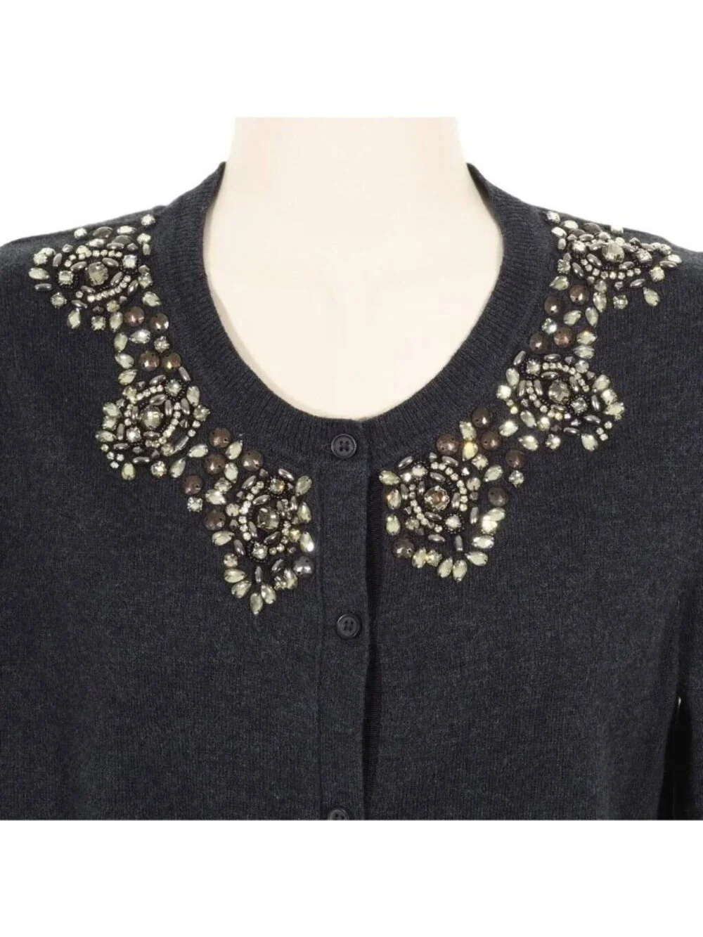 Loft Cardigan Women Small Formal Gray Embossed Beads Stones Jeweled Long Sleeve